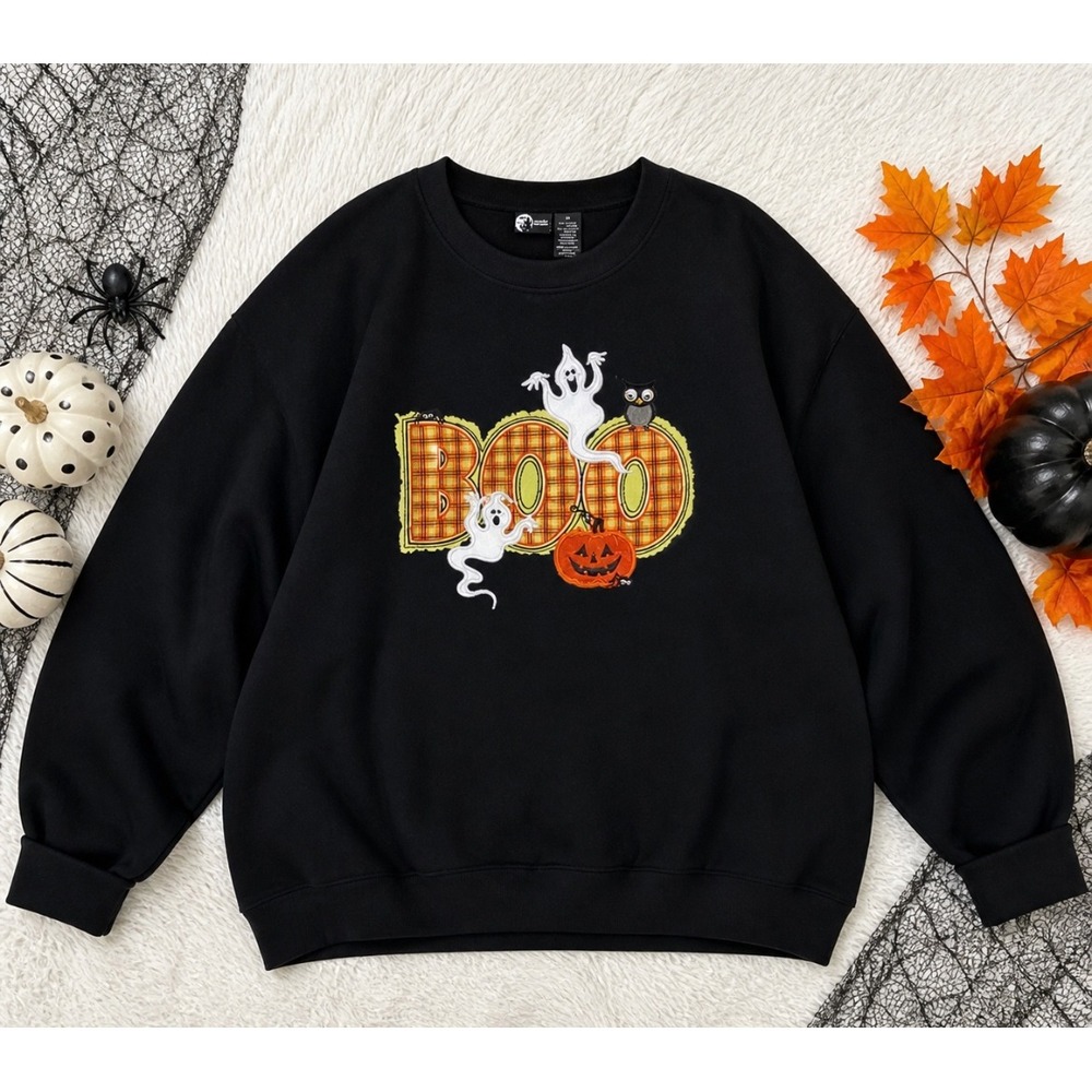 Halloween BOO Sweatshirt‎ 2X Black Ghost Pumpkin Graphic Cozy Oversized Pullover